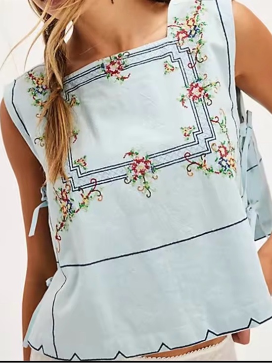 Source Unknown Tops - Light Blue Embroidered Square-Neck Women's Top